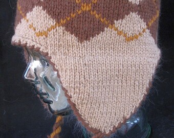 Brown Argyle Patterned Wool Ear Flap Hat with Angora Lining