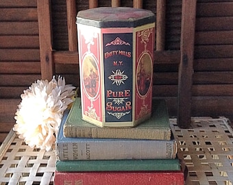 On Sale ! Vintage Tin Box Hinged Tin Box Pure Sugar Tin Made in England JR Anthorn Unity Mills NY Nostalgic Prop