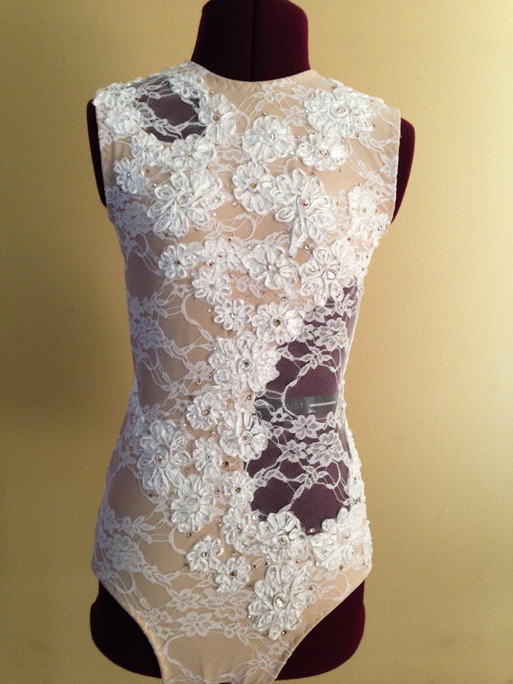Custom White Lace Overlay Cut Out Leotard with White Flower