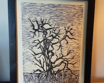 Prairie Tree linocut reduction print