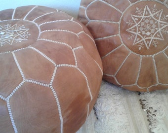 Set of 2 Leather poufs, ottoman luxury light tan floor poufs, moroccan home decor