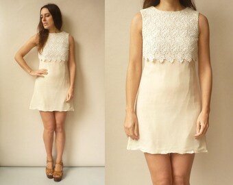 SALE 1960's Vintage Ivory & White Lace Chiffon Mini Shift Dress Size XS