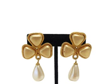 VINTAGE CHANEL Earrings Faux Pearl Dangle Drop Clip-On Earrings