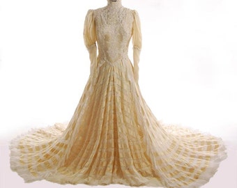 Original Victorian Wedding Gown Cream Satin Banding & White Val Lace Skirt Fully Restored. Size 8 - Item 153, Wedding Apparel