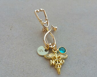 NP Nurse Practitioner Gold Toned Medical Stethoscope Graduation Gift Personalized Birthstone Pin - Nurse Pin - Stethoscope Brooch Pin