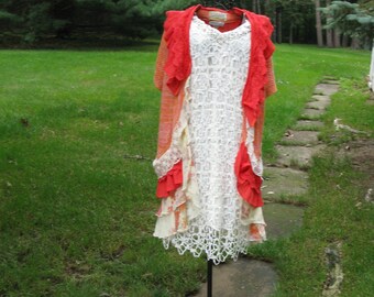 Orange Cream and Coral Gypsy Bohemian Vest with Flowing Floral Skirting Upcycled Wearable Art