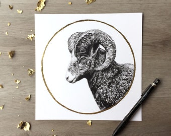 Big Horn Ram the Snow Moon February Print of Original Graphite Drawing with Gold Leaf Animal Portrait Ram Print Big Horned Sheep Print