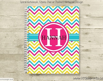 Bright Pink Yellow & Bright Blue Chevron Monogram Personalized Spiral Notebook Back to School Notebook