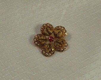 c1890's Victorian 10kt Yellow Gold Flower Brooch with Ruby Center and Sead Peals