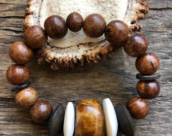 African bracelet , Bone stretch bracelet ,Boho bracelet , wood and bone bracelet , neutral colors , Tribal bracelet , African Bone Bracelet