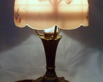 Rare Small Boudoir Lamp, L&L WMC, with Hand-Painted Glass Shade, 1970's, Working