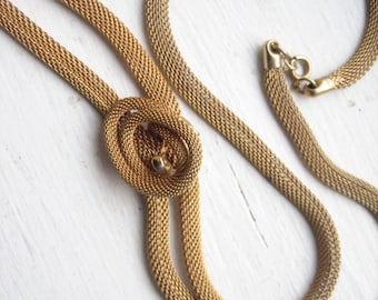 Vintage gold mesh necklace, "knotted" gold mesh, flat mesh necklace, 32.5" gold mesh, gold tone mesh, 32.5" mesh necklace