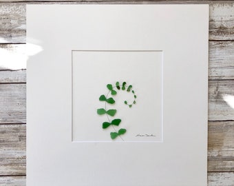 Sea glass Art, Original Art by Sharon Nowlan. Matted or framed, 12in x 12in, Botanical art, Fern