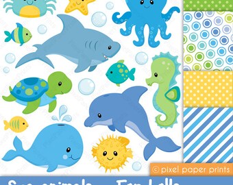 Sea animals for boys - Clipart and digital paper set