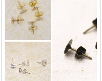 48 pcs of brassearing post 6mm glue pad 6x10mm-M4506-real silver plate/gold/antique bronze