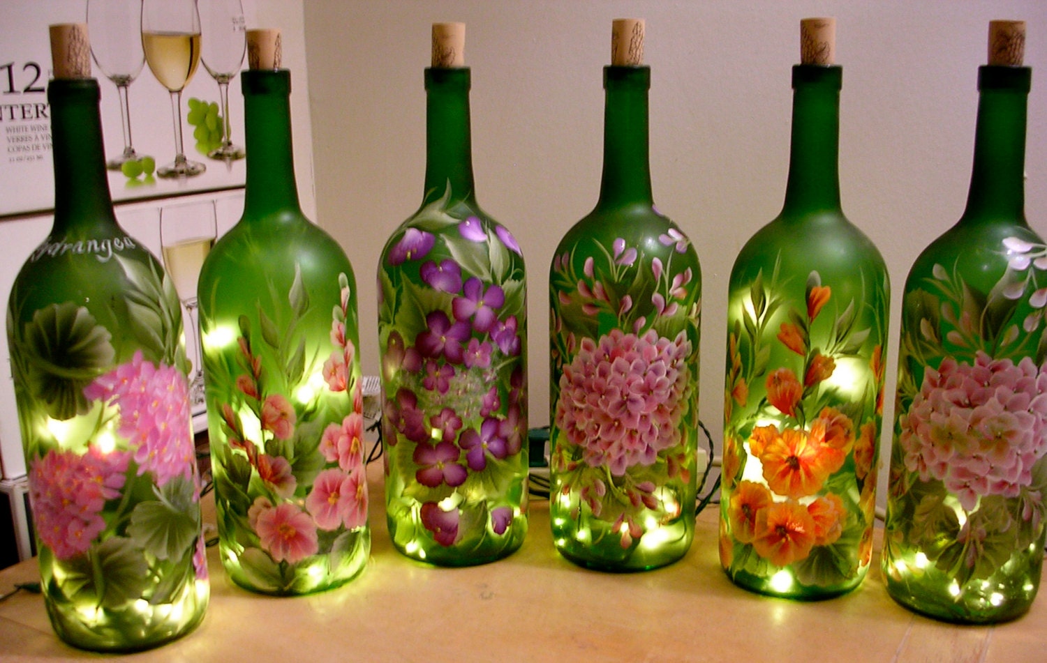 Hand Painted Lighted Wine Bottle / Floral Designs