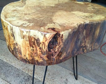 Wood slice end table, live edge, end table, hair pin legs, wood slab, wood piece, living room furniture, tree table, wood chunk table