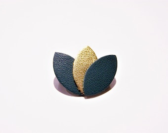 Teal and gold leather petals brooch