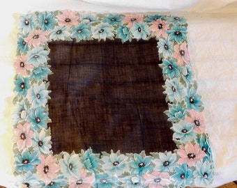 Vintage Burmel Hankie Black Hankie Turquoise Flowers Teal Flowers Pink Flowers Vintage Floral Handkerchief