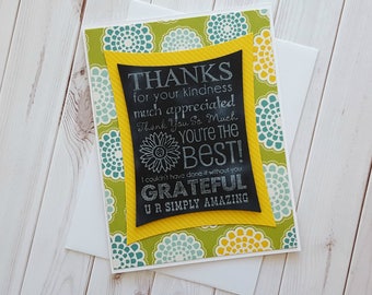Thank You Chalkboard Stamped Card, Heat Embossed Card, Floral Card, Subway Print Card