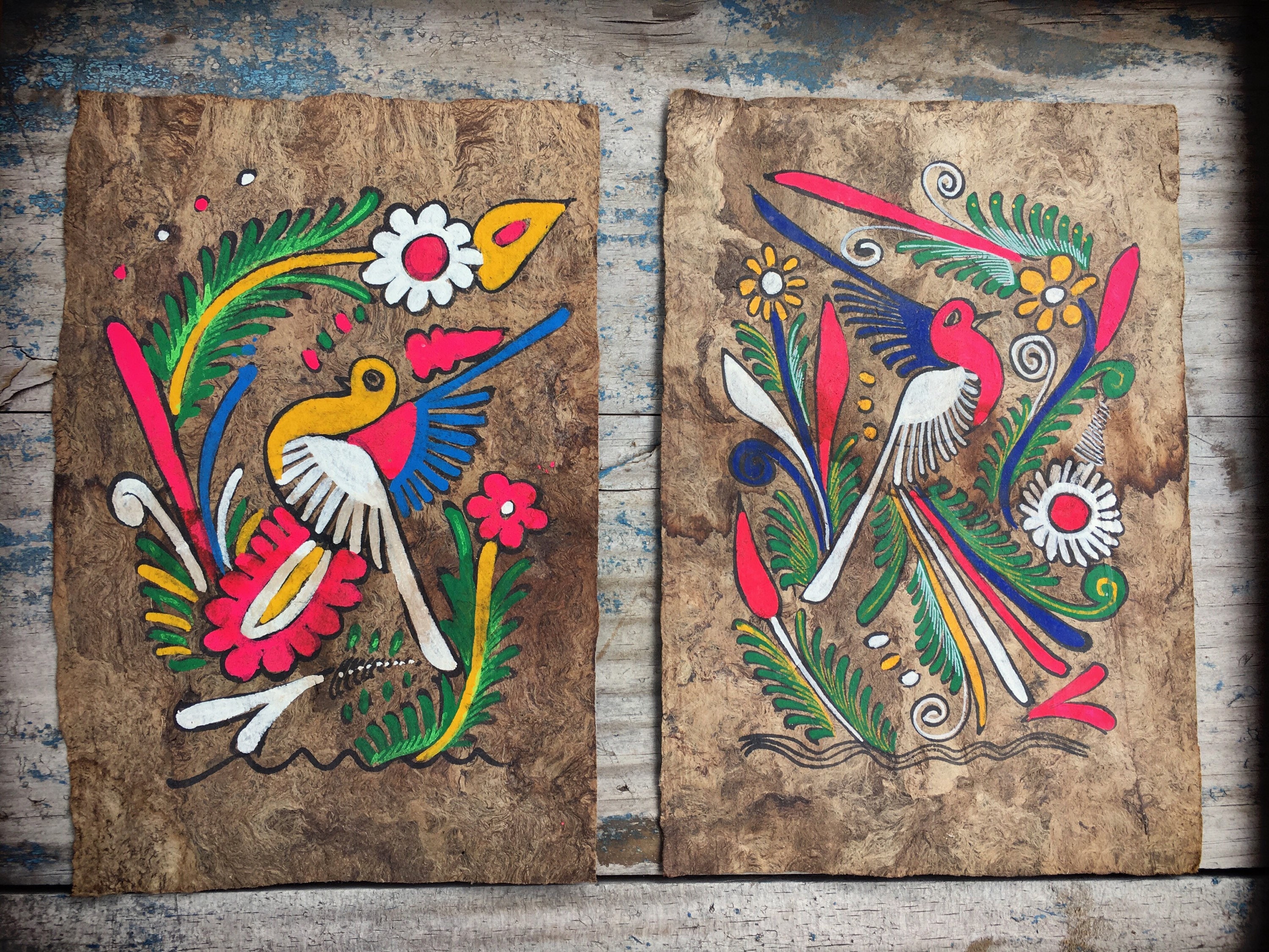 Pair of vintage Mexican Amate bark paintings of colorful ...