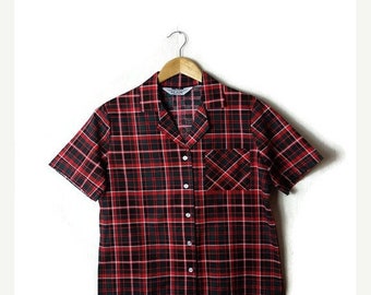 ON SALE Vintage Red/Green/black Checked Short sleeve Cotton Blouse from 1980's*