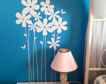 Vinyl daisies / vinyl wall flowers / flower wall decal / butterfly wall decal / tall daisies VINYL wall decal / girls room flowers