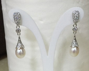 Pearl Earrings, Dangle pearl earrings, pearl drop earrings, freshwater pearl earring 925 Sterling Silver 9-10mm
