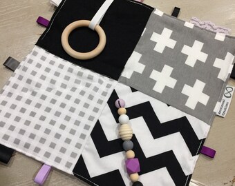 Bold Monochrome & Lilac, Taggie Blanket, Sensory Baby Tactile Teething 30cm, Quality Hand Made