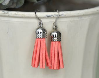Silver and Pink Tassel Earrings- Pink Tassel Earrings- Coral Tassel Earrings- Pink Earrings- Tassel Earrings- Boho Earrings- Boho Jewelry