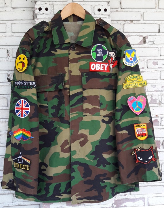 Hand Reworked Vintage Military Camo Jacket with Patches
