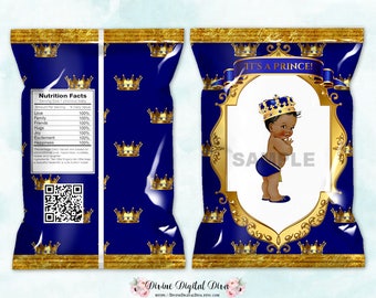 Printable Chip Bags | Little Prince Royal Blue & Gold | African American Vintage Baby Boy | Digital Instant Download