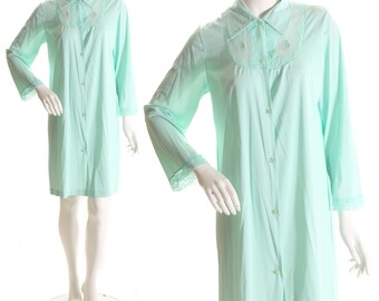 1950s Seafoam Green Knee Length Nylon Lingerie Button Down Gown by Texsheen -L