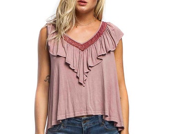 Ruffle V-Neck Crochet Trim Tank - Mauve