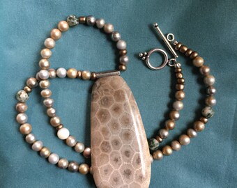 Large Petoskey Pendant Beaded Necklace with SS toggle.