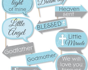 Funny Little Miracle Boy - Baptism Photo Booth Props - Blue and Gray Cross - Baby Shower Photo Booth Props - Christening - 10 Props & Dowels