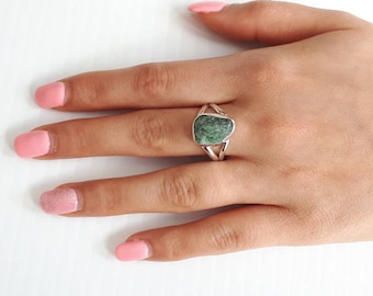 Raw emerald ring, rough, size 9, 92.5 sterling silver, view link to purchase resizing below in item details