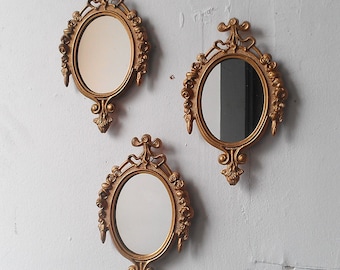 Gold Mirror Set, Small Decorative Vintage Frames, Mid Century Modern Wall Decor, Wall Collage, Vintage Oval Mirrors, Hollywood Regency