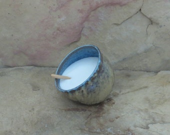 Salt Pig Cellar - Handmde Stoneware Pottery Ceramic - Burnt Iron Brown and Icy Blue - 12 ounces