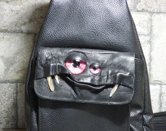Leather Backpack Woman Purse With Face Monster Black 430