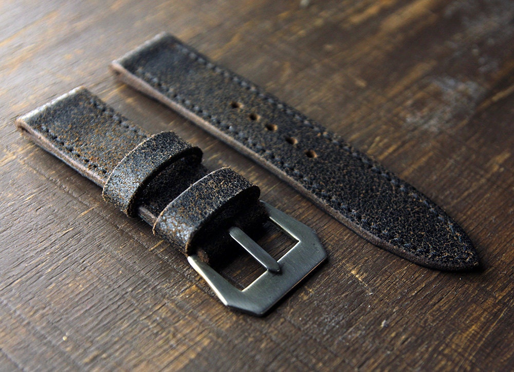 Cracked Leather Watch Strap Dark Brown Panerai Style Mens
