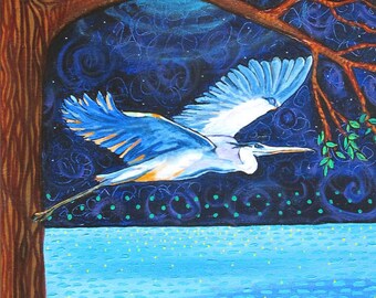 Blue Heron Moon First Nation Nature print blue water night Shelagh Duffett