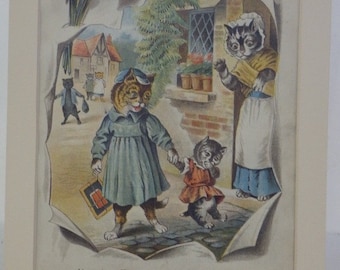 REDUCED! Antique 19th C Lithograph Victorian Cats Kittens Naughty Tommy Won't go to School