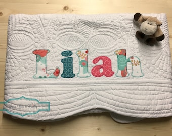 Personalized Baby Quilt, Personalized Baby Gift, Monogrammed Quilt, Baby Shower Gift, Baby Dedication Gift, Coral and Teal Baby
