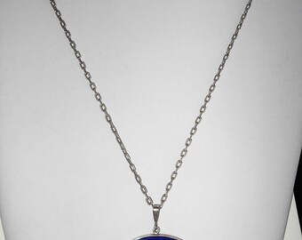 Vintage Lapis Lazuli Glass Oval Pendant with Silver Chain - 800