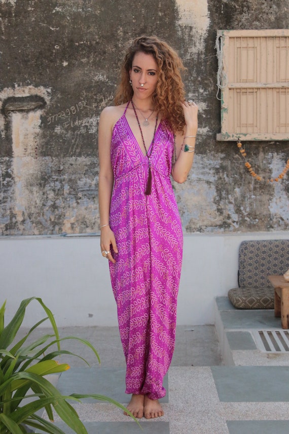PINK POWER JUMPSUIT - Summer - Wedding - Festival - Handmade - Vintage Sari fabric - Festival - Hippie - Halterneck - Couture - Upcycled
