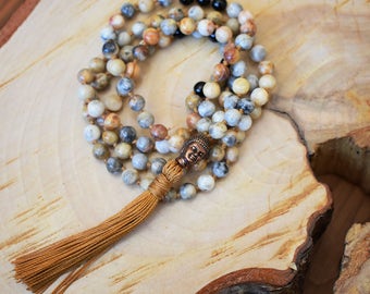 Mala 108, Collier de méditation, Mala noué en pierre d'Agate & d'Onyx, Bouddha cuivre, Collier long avec tassel or, Idée cadeau yoga, Bijou