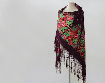 Russian shawl, maroon shawl, hand block printed, wine throw wool, merlot scarf, floral wool throw, autumn shawl, garden party throw blanket