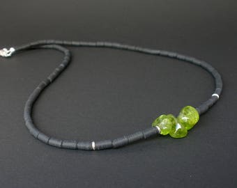 Men's Peridot Necklace, Peridot Nugget with Matted Black Obsidian Men Necklace, 925 Sterling Silver, Raw Stone Jewelry, Men Peridot Jewelry