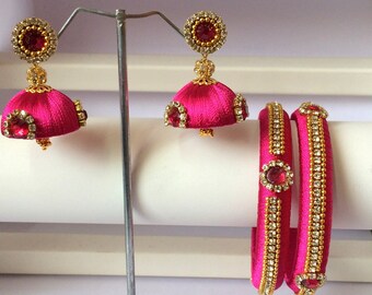 Silk Thread Bangles with Matching Jhumki Earrings - Pink